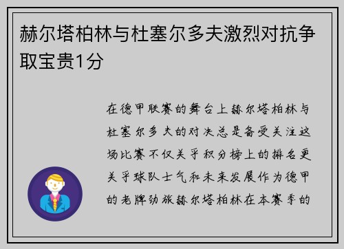 赫尔塔柏林与杜塞尔多夫激烈对抗争取宝贵1分